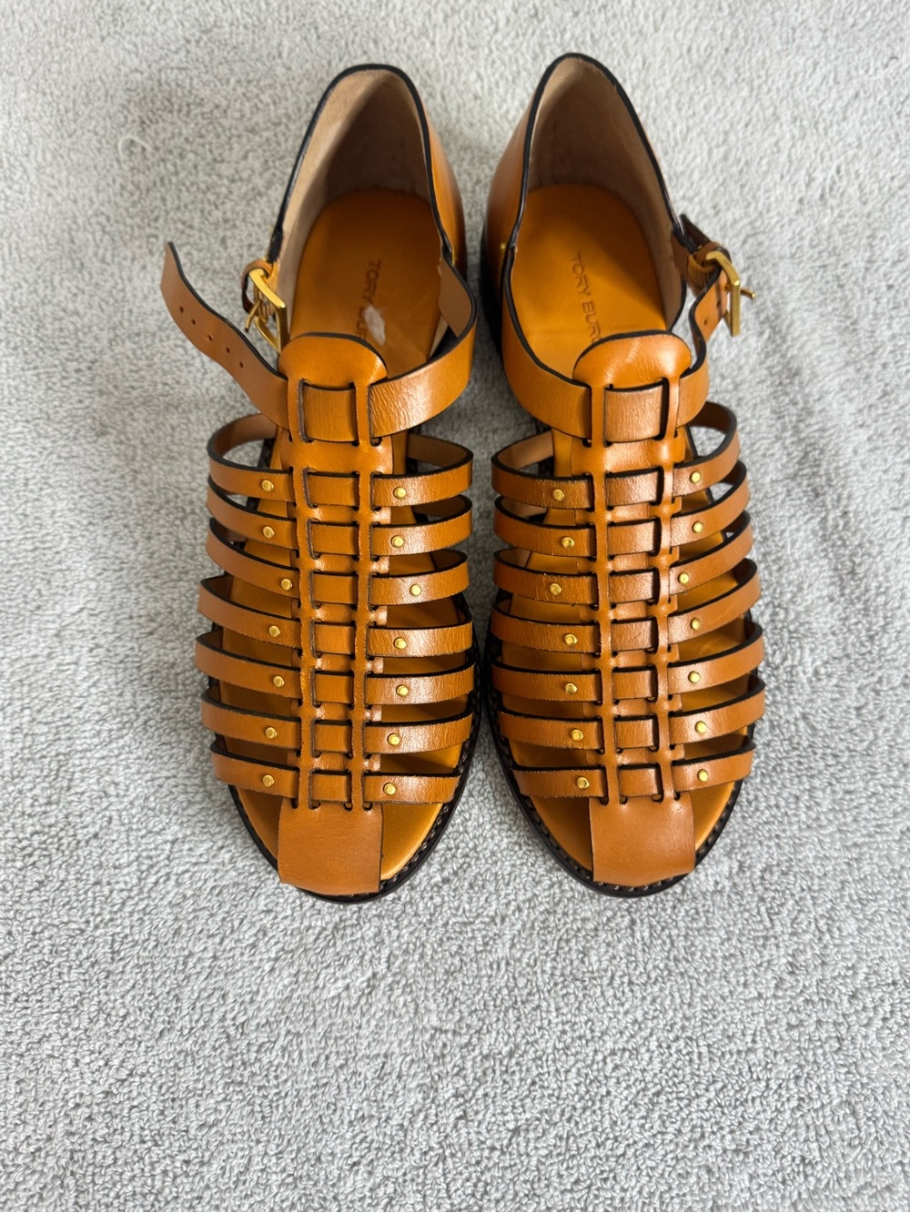 Tory Burch Cognac Leather Strappy Sandals with Gold Studs